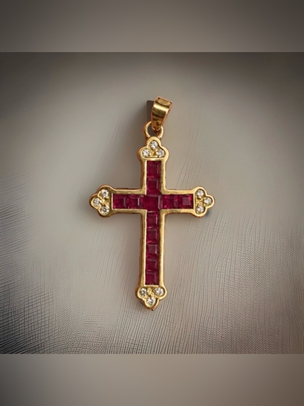 14K YELLOW GOLD RUBY & DIAMOND 1.25 INCH TALL CROSS CRUCIFIX NECKLACE PENDANT